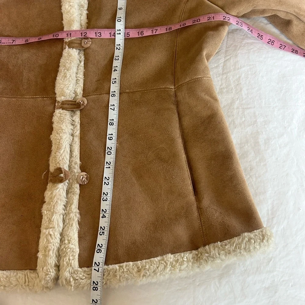 Vintage 90s Y2K Faux Suede Sherpa Lined Jacket Sz M Tan Coat Boho Phoebe Buffay
